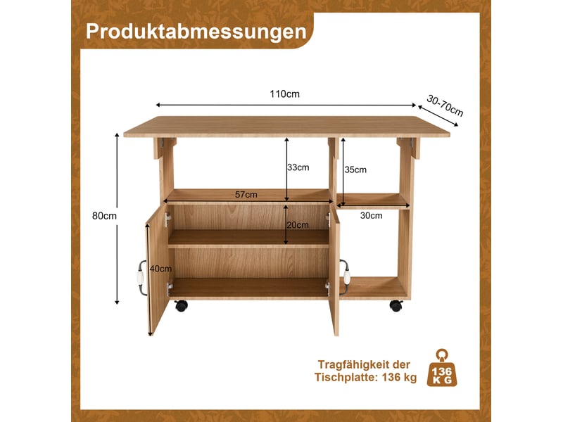  Table de repas pliante mobile 110 x 70 x 80 cm, 5 roulettes, chêne clair  - Conforama C
