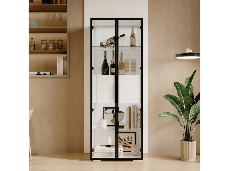  Vitrine buffet haut led 60 × 40 × 160 cm blanc et noir avec 2 portes en verre trempé, 2 tiroirs, étagères réglables et contrôle par application CARDUME ESTIVAL - Conforama D