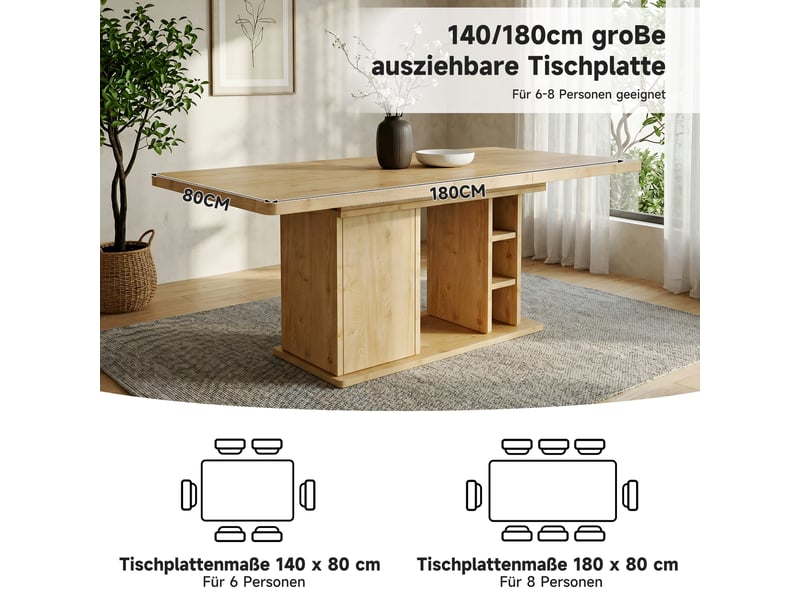 Table à manger extensible 140180x80 cm en mdf finition chêne, rangement et plateau épais 3 cm, style scandinave, 6-8 pers. - Conforama E