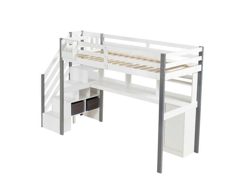  Lit mi-hauteur avec coffre de rangement en tissu, grand espace de rangement, échelle latérale, étagère ouverte, lit enfant avec bureau et casiers, pin et mdf, blanc et gris, 90 x 200 cm  - Conforama E