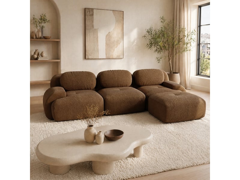  Canapé d'angle modulaire 298x178x70 cm sans montage en velours côtelé marron  - Conforama B