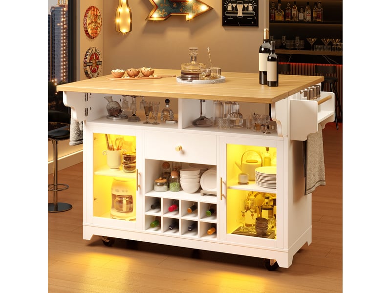  Desserte 120x80x95 cm extensible avec éclairage led rgb mdf et métal blanc  - Conforama C