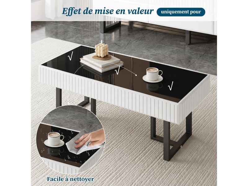  Table basse noire et blanche avec plateau noir brillant, 110 x 50,5 x 41 cm  - Conforama E