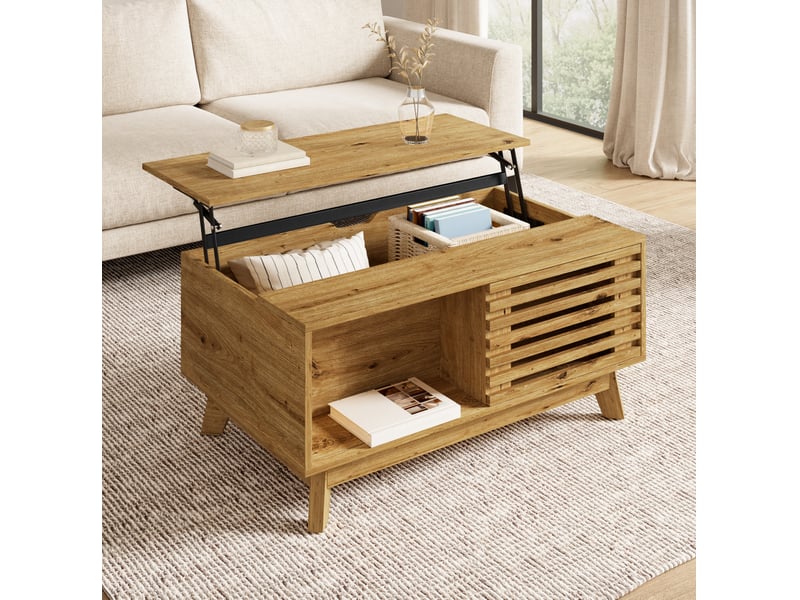  Table basse 90x55x57,5 cm en mdf avec plateau relevable et porte coulissante naturelle chicfurn  - Conforama C