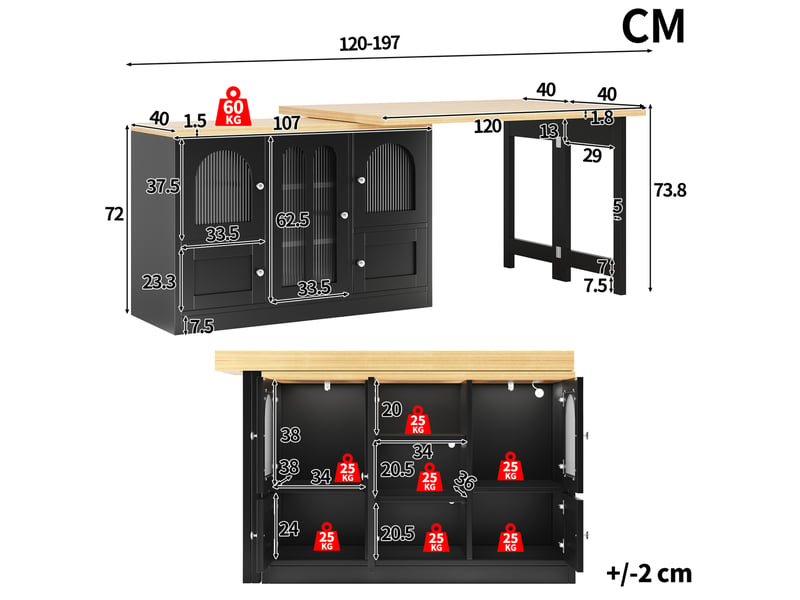  Îlot de cuisine extensible 120-197x40x72 cm avec led rgb en mdf noir  - Conforama C