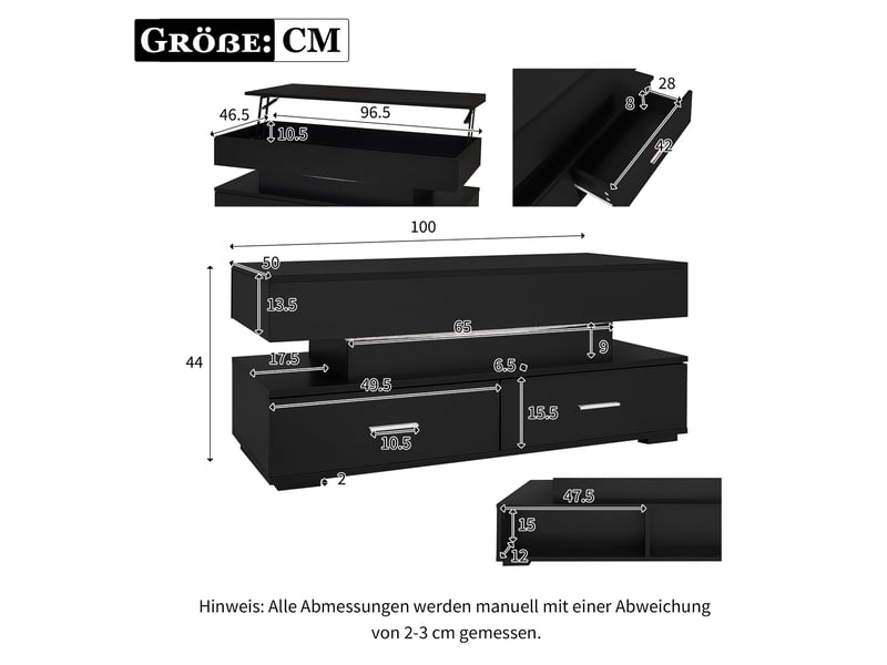  Table basse relevable avec 2 tiroirs, niche ouverte, led et rangement intégré pour salon, 100 × 50 × 44 cm  - Conforama D