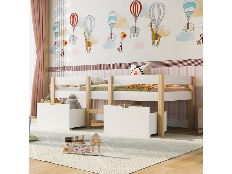  Lit enfant mi-hauteur 90x200 cm avec tiroirs et barrière blanc et chêne clair  - Conforama C