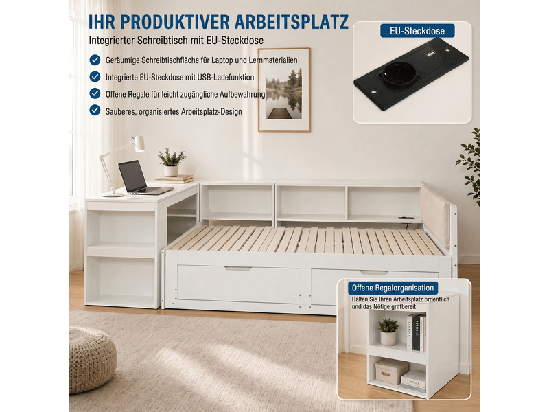  Lit multifonction 3 en 1 en l avec bureau, rangements et tête de lit rembourrée  - Conforama B