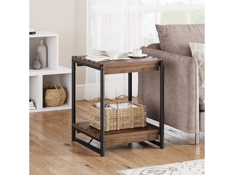  Lot 2 tables basses carrées 2 niveaux bois métal, style rustique moderne, étagère, salon chambre, bout canapé chevet, montage facile VAM_1EYWBTXH - Conforama E