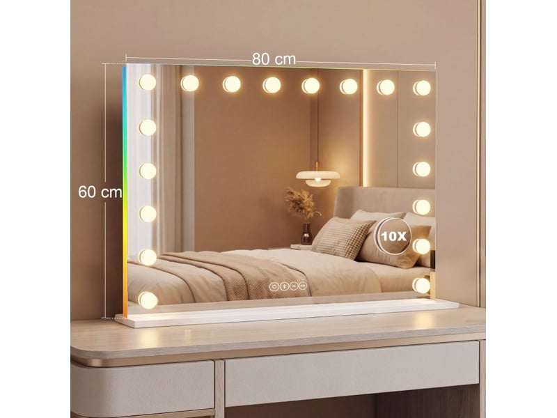  Miroir de maquillage lumineux 80 x 60 cm avec led, bluetooth et grossissement x10 evryae  - Conforama D