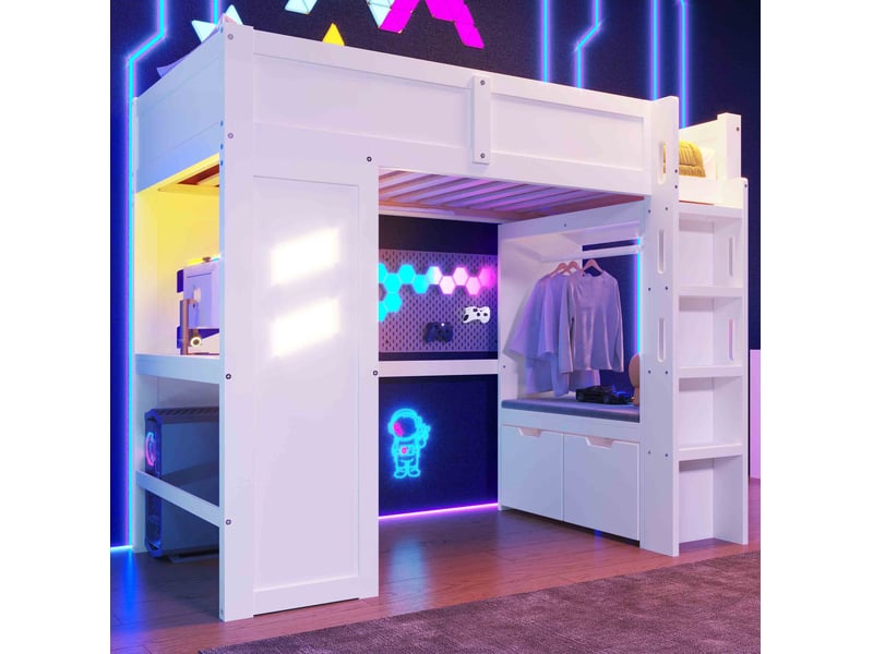  Lit mezzanine 90x200 cm avec bureau, led et rangements blanc  - Conforama D