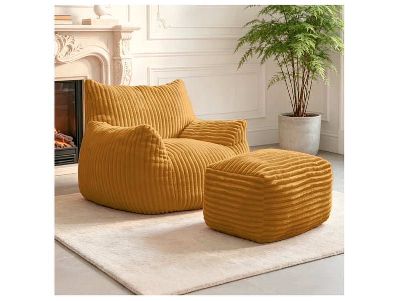  Fauteuil pouf lounge incurvé avec pouf, soutien ergonomique 5 zones en flanelle jaune, 103 × 90 × 70 cm  - Conforama B