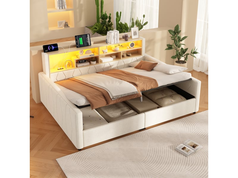 Canapé-lit rembourré 140x200 cm avec led et usb,lit coffre rangement hydraulique,tête de lit de rangement,tissu lin,beige - Conforama B