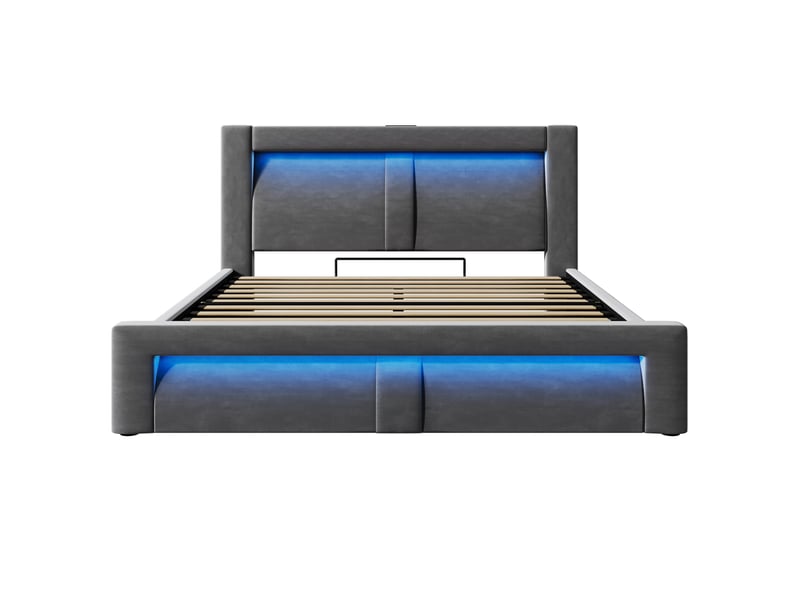  Lit coffre, lit double 160x200 cm, rangement hydraulique, led, usbusb-c, tête de lit incurvée, velours gris, matelas inclus  - Conforama B