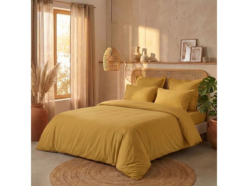  Drap housse 140x190+30 cm percale de coton jaune moutarde PD25588 - Conforama E