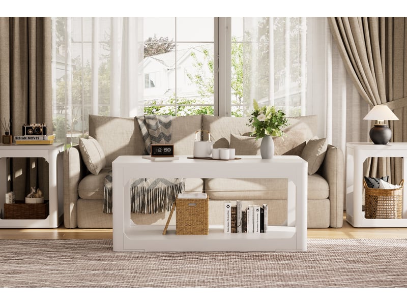  Table basse de salon avec double plateau de rangement - lpospi - bords arrondis, panneaux mdf - blanc  - Conforama E