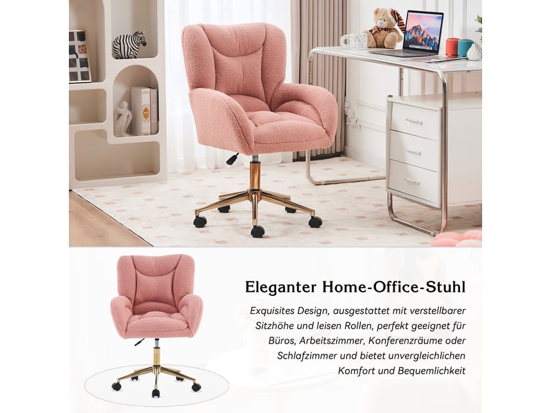  Chaise de bureau pivotante 360° à hauteur réglable - lpospi - dossier ergonomique, tissu teddy - rose  - Conforama E
