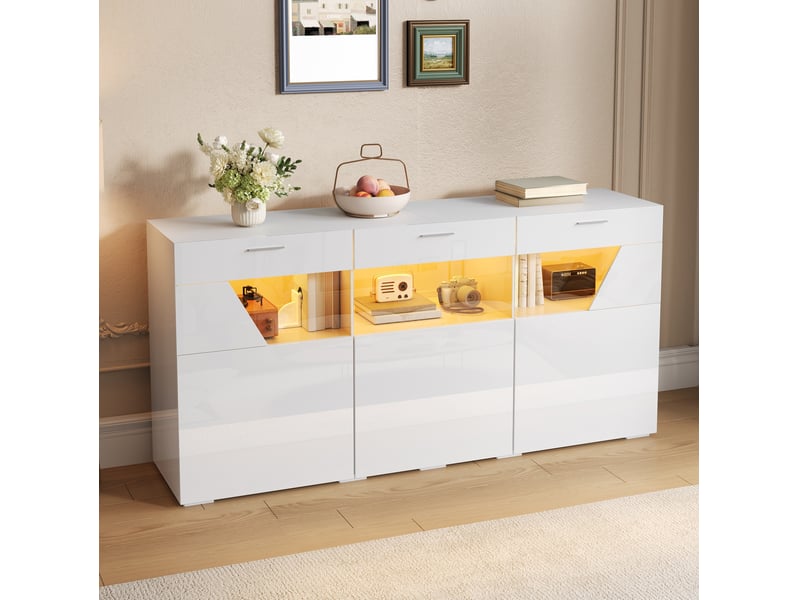  Buffet bas avec 3 portes vitrées et éclairage led contrôlé par application, blanc brillant, 160 × 38 × 78 cm  - Conforama D