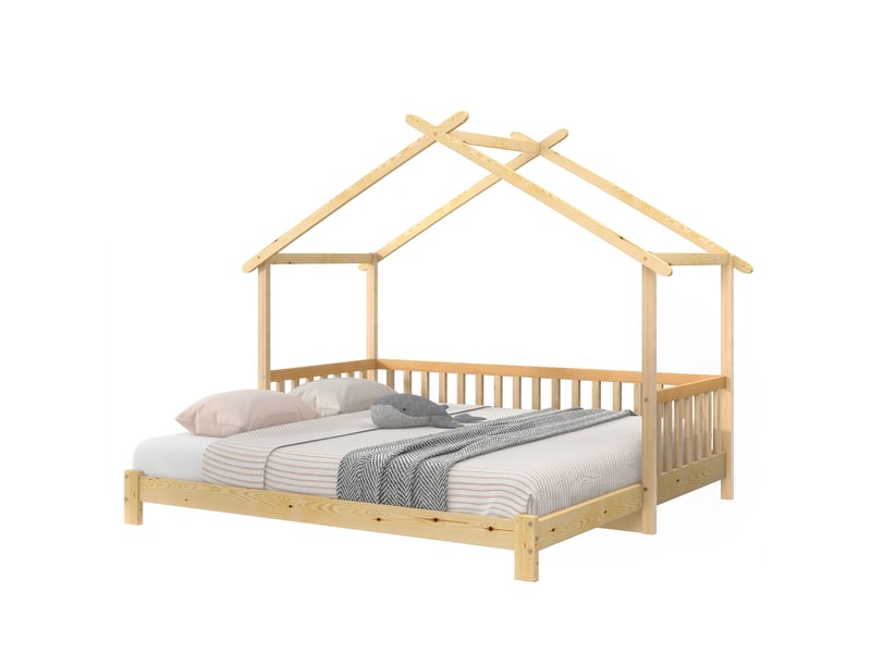  Lit cabane enfant 200 × 90 et 200 × 180 cm 1 à 2 places avec barrière, extensible, sans matelas, pin naturel  - Conforama A