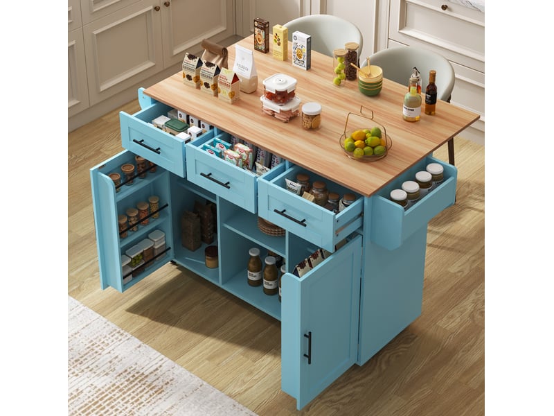  Desserte de cuisine bleue 139x46x91,5 cm avec plateau rabattable et roulettes  - Conforama B