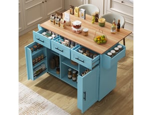 Desserte de cuisine bleue 139x46x91,5 cm avec plateau rabattable et roulettes