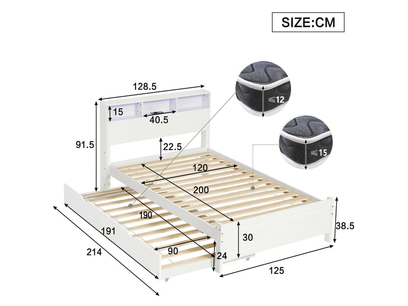  Lit gigogne 120x200 cm avec couchage 90x190 cm, éclairage led et rangements, blanc  - Conforama E