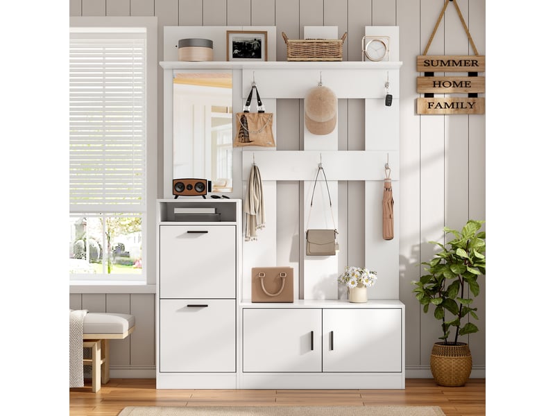  Meubles d'entrée avec 2 portes abattantes, 2 portes, miroir, 6 crochets et banc en mdf 120×30×180 cm blanc  - Conforama B