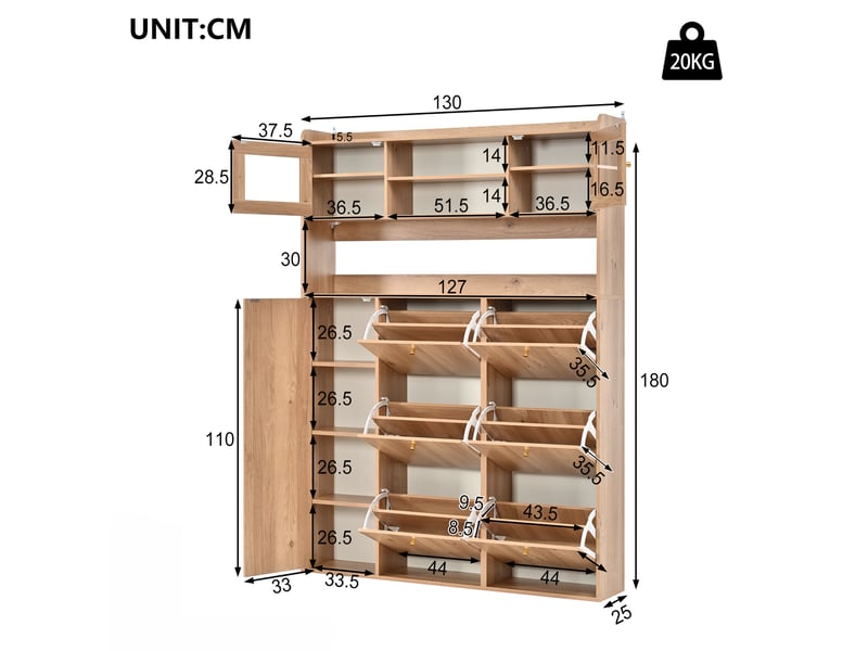  Meuble à chaussures étroit 130x25x180 cm, 6 abattants, 2 portes vitrées, led Fay Lum - Conforama C