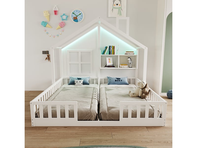  Lit simple enfant 90 x 200 cm, éclairage led, barrières de sécurité et étagères de rangement, sommier à lattes inclus, blanc  - Conforama C