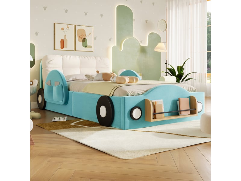 Lit enfant 90 × 200 cm avec sommier relevable hydraulique, rangement, poches latérales et étagère à livres, bleu - Conforama D
