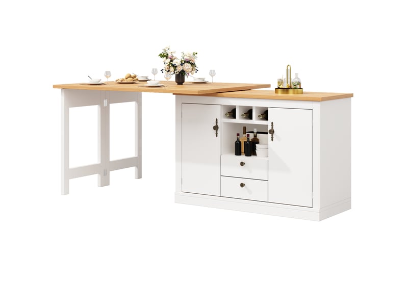 Meuble bar extensible 120-180 cm, rotatif 360° avec rangement et porte-bouteilles, mdf - blanc - Conforama A