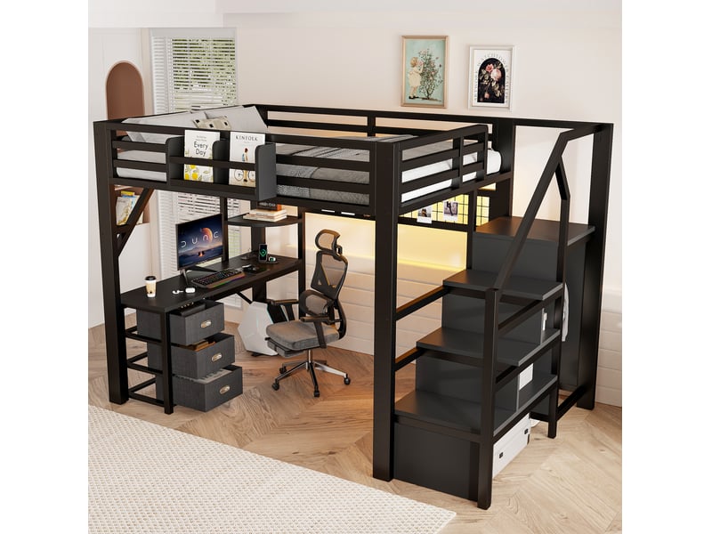  Lit mezzanine 140x200 cm en métal noir avec bureau, rangements et led  - Conforama D