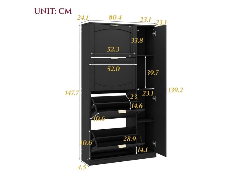 Meuble à chaussures 80x147x24 cm avec miroir 4 compartiments rabattables étagère réglable derrière le miroir noir pour entrée  - Conforama C