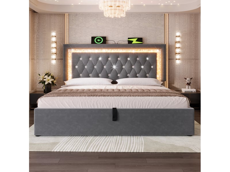  Modenvie lit coffre 140x200 cm - led intégrée, ports usb-c et rangement hydraulique, matelas inclus - gris  - Conforama E