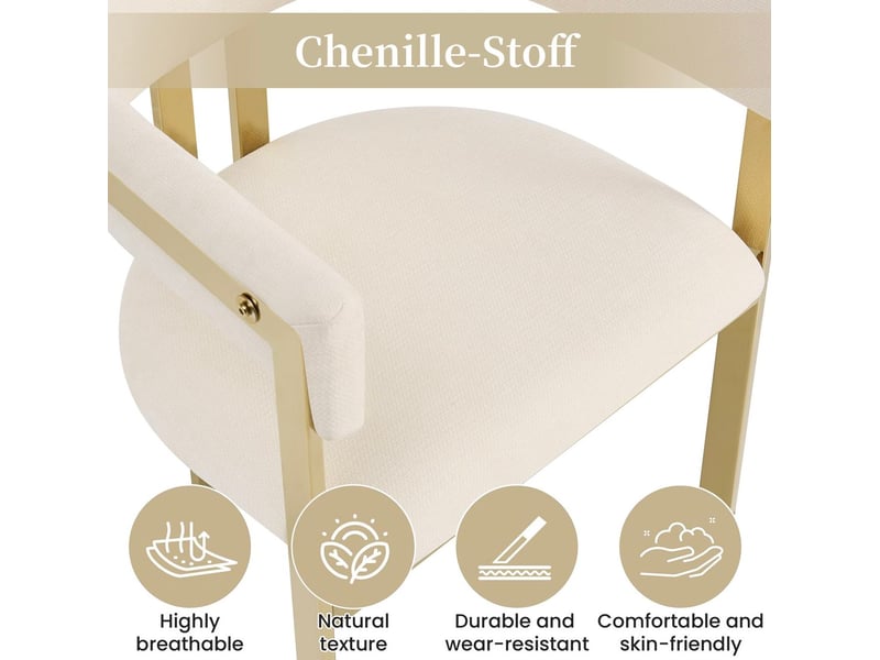  Chaise de salle à manger lot de 4 avec dossier incurvé et piètement métallique doré, en chenille beige et doré  - Conforama E