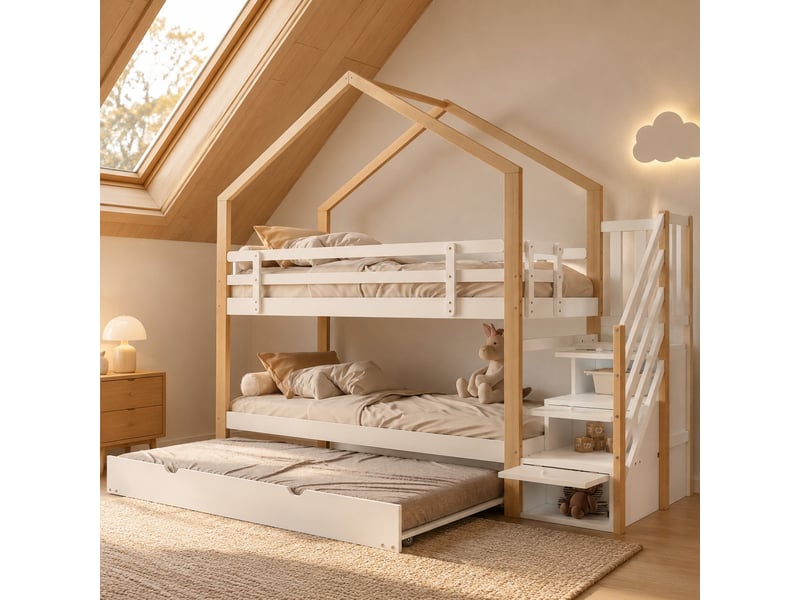 Lit superposé enfant 200×90 cm avec couchage gigogne 190×90 cm, escalier à tiroirs et barrières, sans matelas - Conforama B