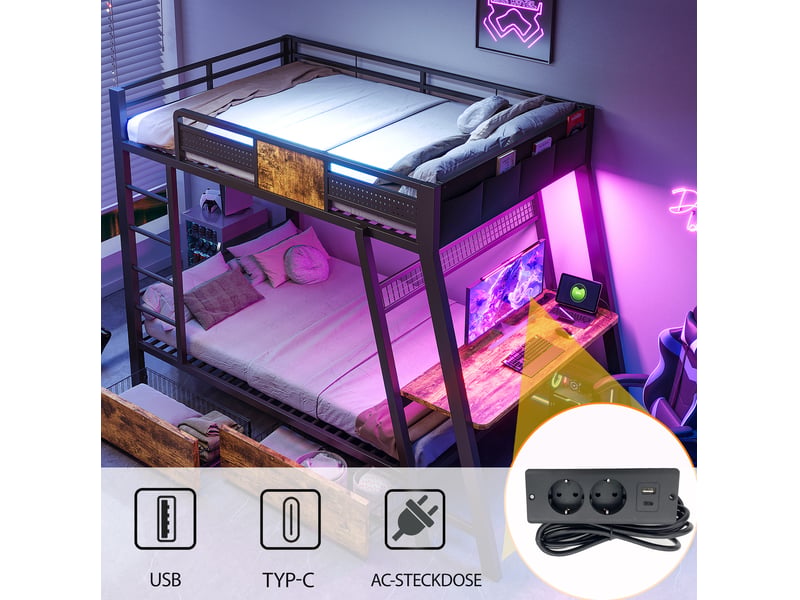  Lit superposé, 90 x 200 cm, mobilier enfant, avec bureau intégré, led, matelas non inclus, mdf et métal, coloris noir  - Conforama E