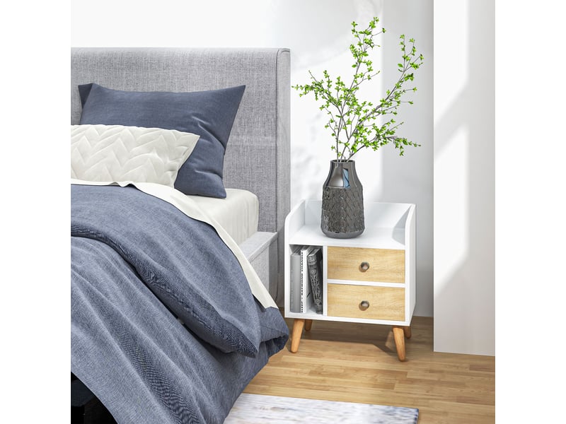  Table de chevet en pin avec 2 grands tiroirs, 1 étagère ouverte et pieds surélevés, design nordique, 43 x 30 x 49 cm  - Conforama C