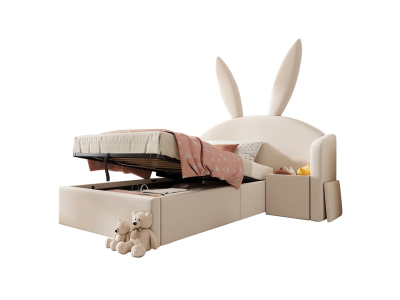 Lit coffre enfant 90 x 200cm, avec hydraulique,table de chevet, cadre de lit en velours, beige (sans matelas) - Conforama A
