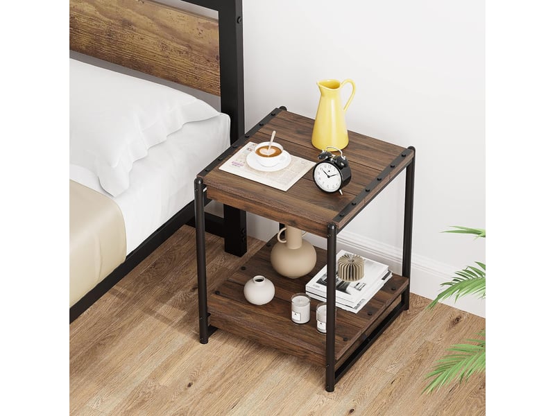  Lot 2 tables basses carrées 2 niveaux bois métal, style rustique moderne, étagère, salon chambre, bout canapé chevet, montage facile VAM_1EYWBTXH - Conforama B