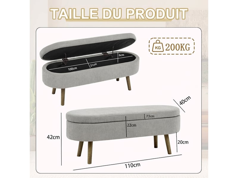  Banc de rangement gris 110 cm en tissu chenille, banc à chaussures pour entrée et salon  - Conforama C