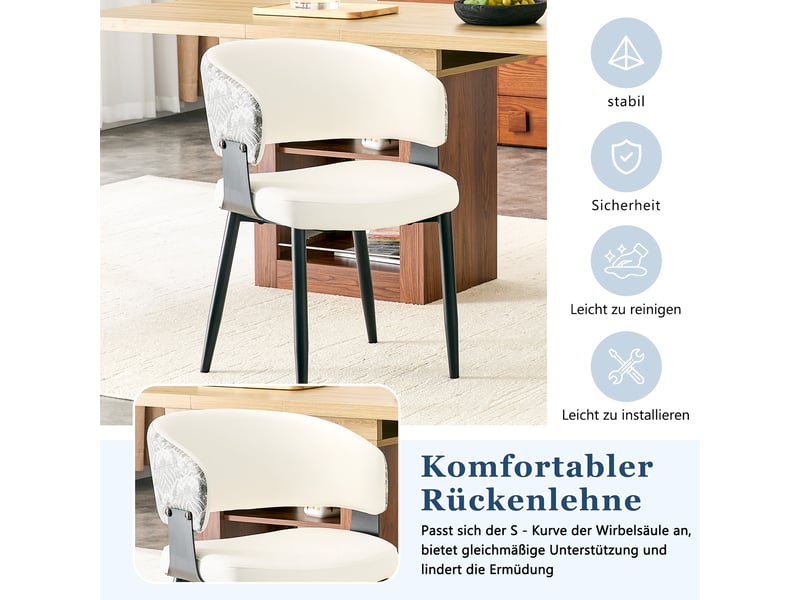  Lot de 2 chaises de salle à manger 44,5x48x77,3cm blanc et motif - en pu avec accoudoirs tonneau et pieds en métal noir  - Conforama E