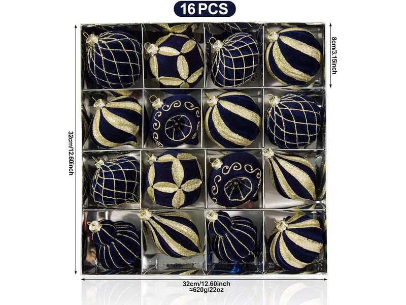  Lot de 16 boules de noël 8 cm, décorations suspendues pour sapin de noël, ornements de fête pour maison, bleu foncé  - Conforama E