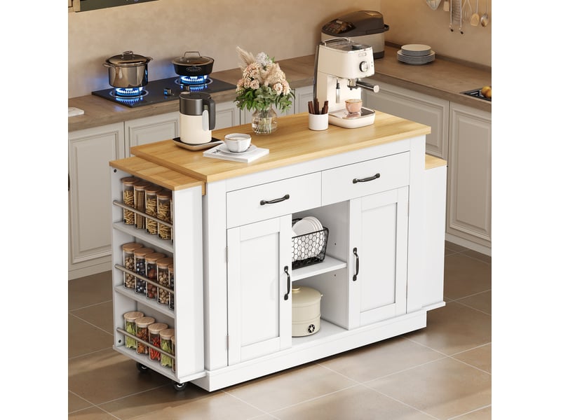 Îlot de cuisine 142x55x93 cm avec deux plans de travail extensibles, sur roulettes, mdf, blanc - Conforama E