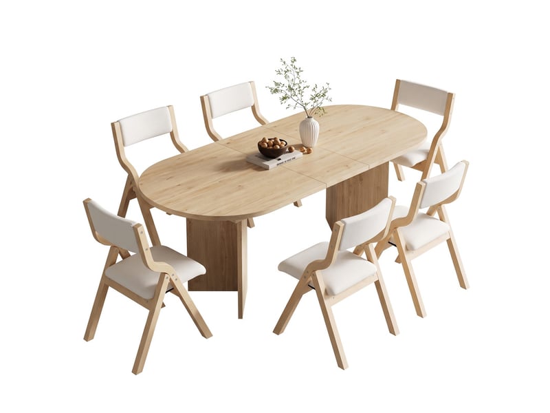 Ensemble table et chaises gain de place, table extensible 160/200x90cm chêne + 6 chaises pliantes bois massif lin beige - Conforama A