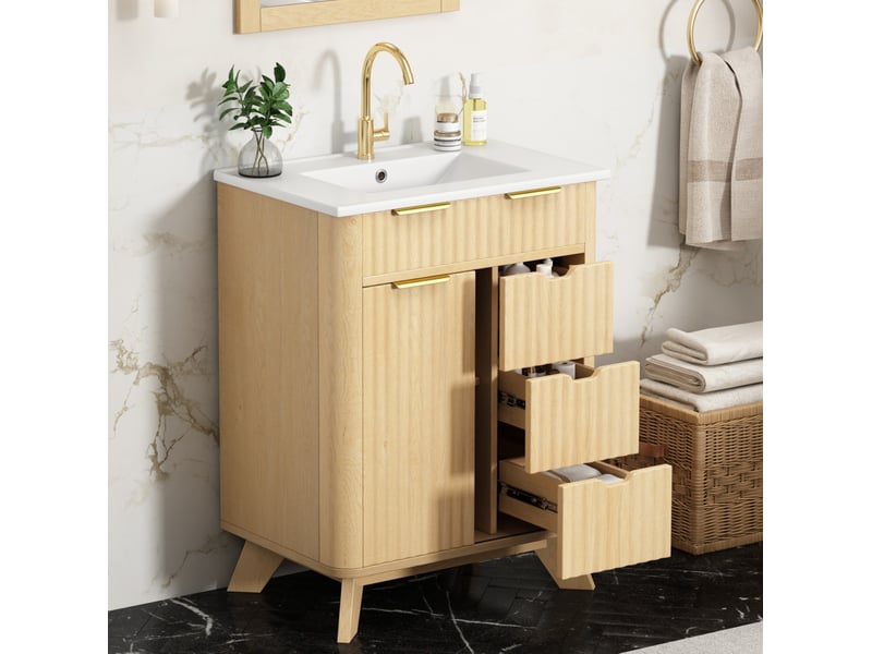 Meuble sous vasque 3 tiroirs et porte coulissante, vasque en céramique, pour salle de bain, bois naturel, 61 × 47 × 90 cm - Conforama B