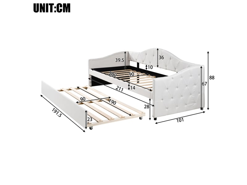 Méridienne 90 x 200 cm avec lit gigogne, canapé-lit, lit simple (sans matelas), lin, style minimaliste, beige  - Conforama C
