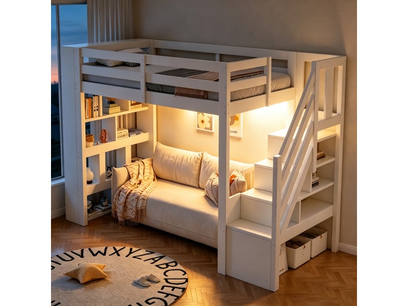  Lit mezzanine 90x200 cm coloris blanc en mdf rangement led  - Conforama D