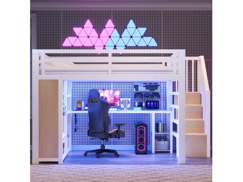  Lit mezzanine blanc 140x200 cm en métal avec led, usb, bureau et dressing ouvert  - Conforama D