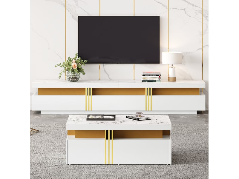  Meuble tv blanc moderne avec 3 tiroirs et détails dorés – 200 x 40 x 42 cm  - Conforama C